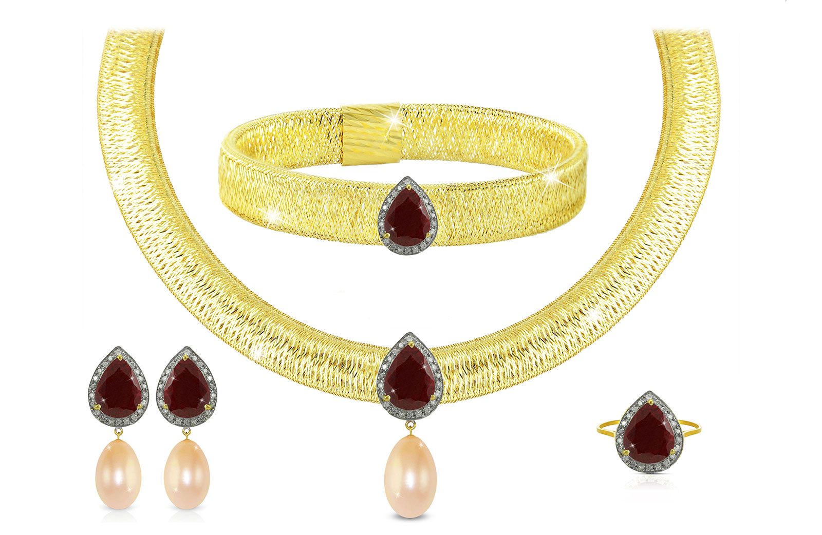 Vera Perla 18K Gold 0.60ct Diamonds, Ruby and 13mm Pink Pearl Jewelry Set - 4 pcs.